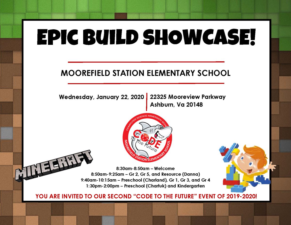 The 2nd Epic Build Showcase @MoorefieldES is tomorrow! Please head over to check out the student engagement and projects built using computational thinking and CS skills. <a href="/LCPSOfficial/">LCPS News</a> <a href="/ewilliams65/">ewilliams65</a> @ashleyfellis <a href="/finn_teri/">Teri Finn</a> <a href="/NickGrzeda/">Nick Grzeda</a> <a href="/csforlcps/">Loudoun County Computer Science Office</a> #csforlcps