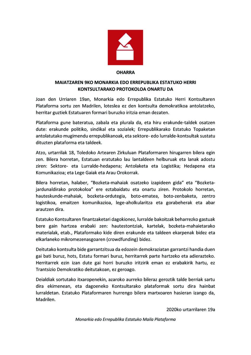 consultaestatal's tweet photo. 🔴 Comunicado 19 de Enero 👇 https://t.co/THRATARHBm

🔴 Urtarrilaren 19ko Oharra 👇 https://t.co/6vbIVY4lpL

🔴 Comunicado 19 de xaneiro 👇 https://t.co/9OPh5jAYTX

🔴 Comunicat 19 de Gener 👇 https://t.co/uH1I3hbYcR

#9M2020 #ConsultaPopullarEstatalMoR https://t.co/zSRecFsdrJ