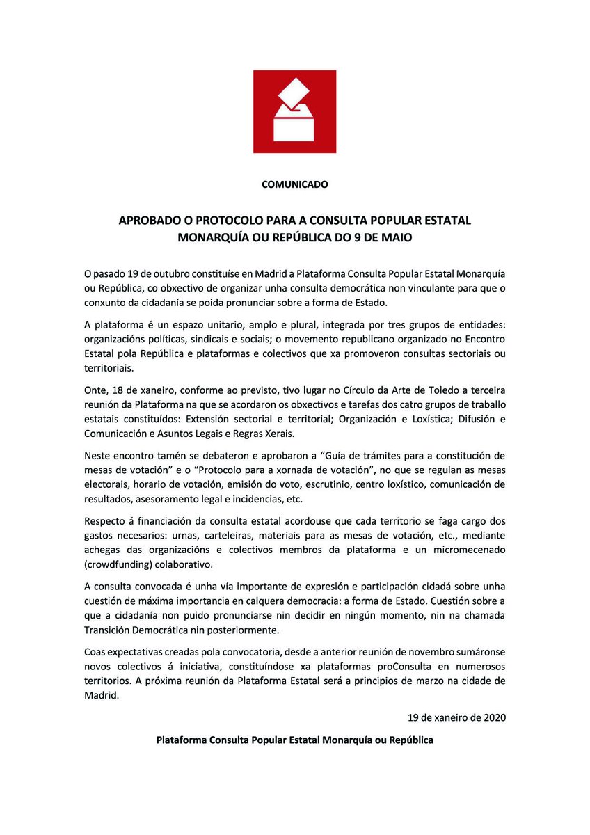 consultaestatal's tweet photo. 🔴 Comunicado 19 de Enero 👇 https://t.co/THRATARHBm

🔴 Urtarrilaren 19ko Oharra 👇 https://t.co/6vbIVY4lpL

🔴 Comunicado 19 de xaneiro 👇 https://t.co/9OPh5jAYTX

🔴 Comunicat 19 de Gener 👇 https://t.co/uH1I3hbYcR

#9M2020 #ConsultaPopullarEstatalMoR https://t.co/zSRecFsdrJ