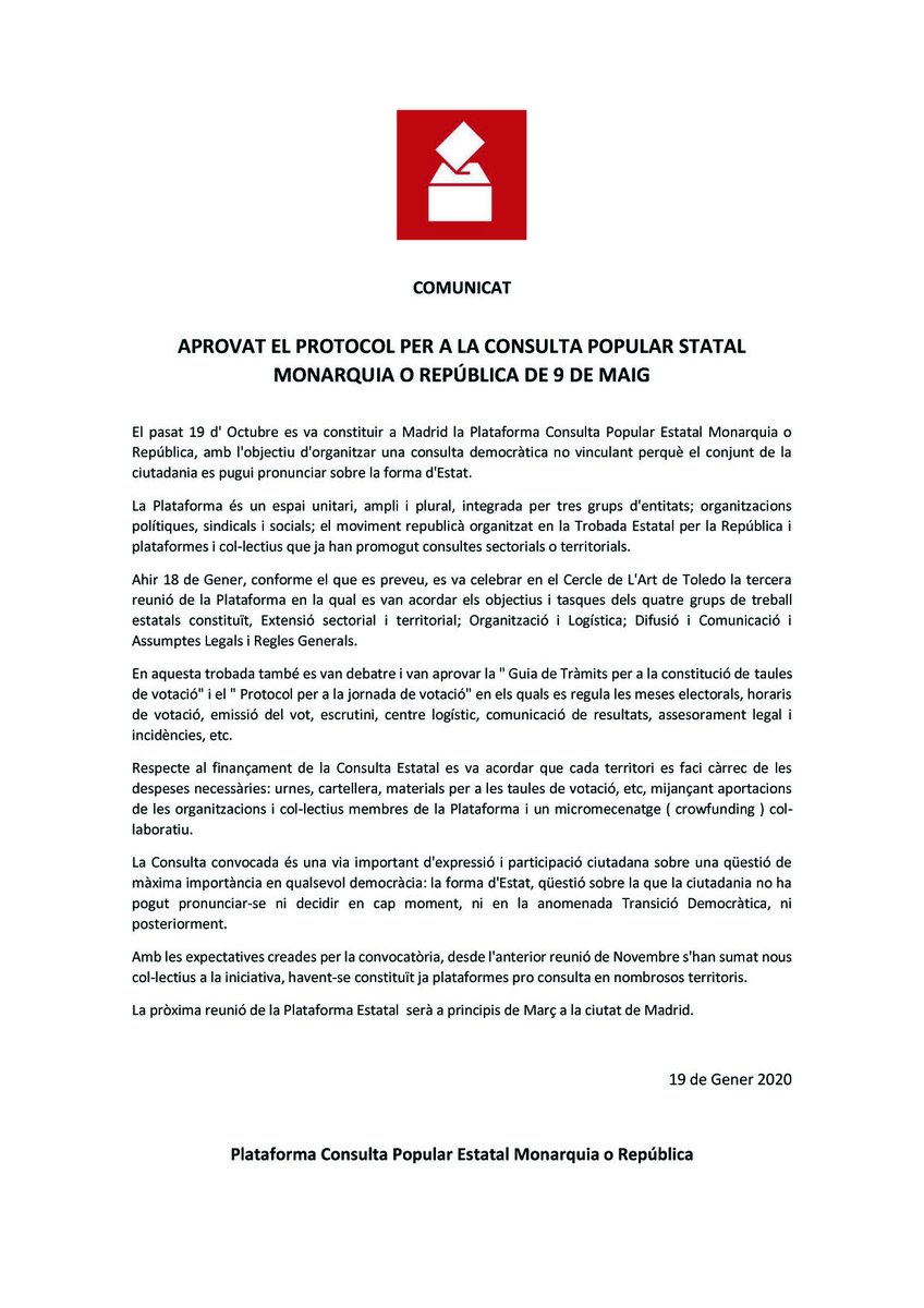consultaestatal's tweet photo. 🔴 Comunicado 19 de Enero 👇 https://t.co/THRATARHBm

🔴 Urtarrilaren 19ko Oharra 👇 https://t.co/6vbIVY4lpL

🔴 Comunicado 19 de xaneiro 👇 https://t.co/9OPh5jAYTX

🔴 Comunicat 19 de Gener 👇 https://t.co/uH1I3hbYcR

#9M2020 #ConsultaPopullarEstatalMoR https://t.co/zSRecFsdrJ
