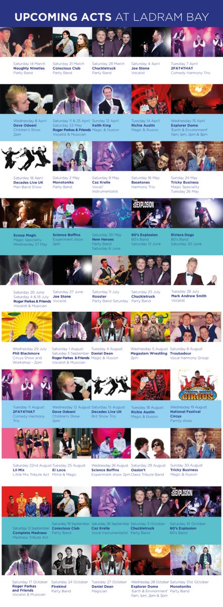 LadramBay's tweet photo. We're proud to offer a fun-filled, jam-packed #Entertainment schedule throughout our season @ #LadramBay #HolidayPark & 2020 is shaping up to be sensational! Alongside our all-singing, all-dancing shows performed by our resident team check out our visiting acts below... https://t.co/YpTzgZ9PV6