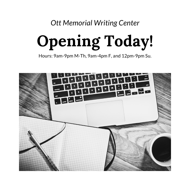 OttWC's tweet photo. The writing center opens today! Our hours are 9 am-9 pm Monday-Thursday, 9 am-4 pm Friday, and 12 pm-9 pm Sunday. We're looking forward to seeing you! https://t.co/qxSP9Nl7Mu