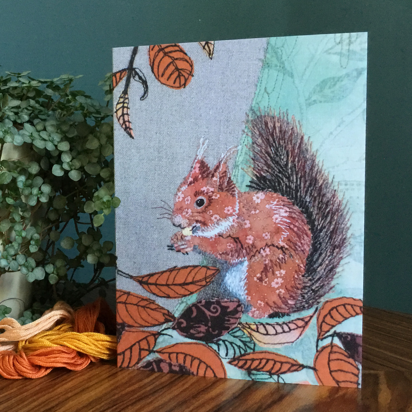 Johilltextiles's tweet photo. It's #RedSquirrelAppreciationDay and here is my greetings card featuring the original textile design I created in fabric and stitch https://t.co/0x8lQRjY35 #RedSquirrels2020 https://t.co/DpkBh8bfvn