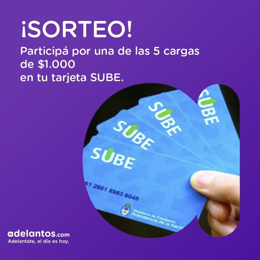 adelantosar's tweet photo. SORTEO SUBE: Volvemos a sortear 5 cargas de $1.000 cada una en tu tarjeta SUBE 💸

Para participar tenes que:
💳 Seguir nuestra cuenta de Twitter
💳 Darle RT
💳 Seguir @ https://t.co/ReEFR4nznZ en instagram para tener doble chance.
👉El Martes 28 de Enero anunciamos al ganador. https://t.co/QqTiZfDsT7