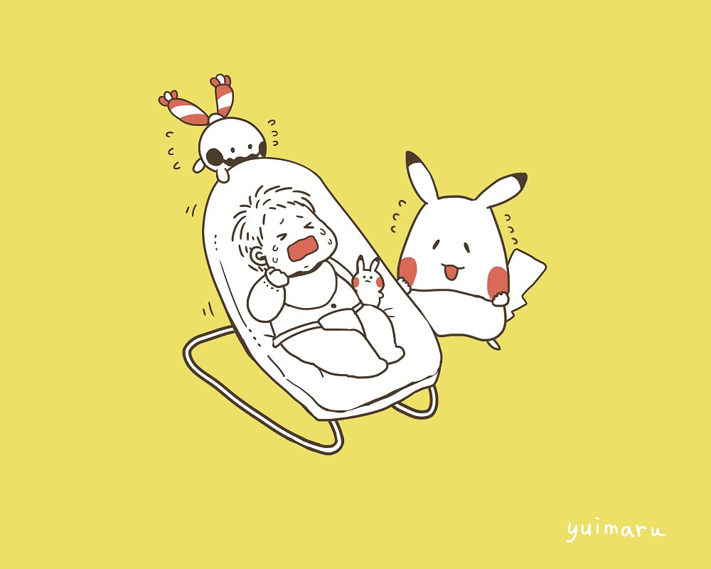 pikachu pokemon (creature) baby diaper flying sweatdrops yellow background open mouth 1boy  illustration images