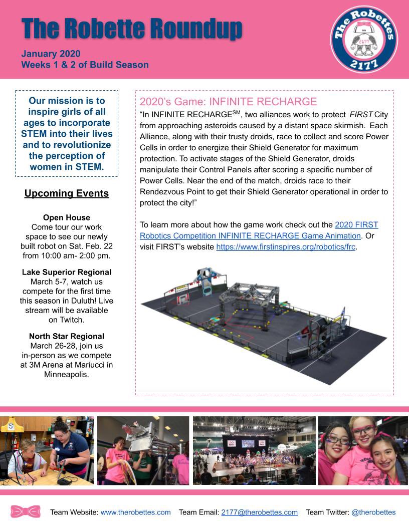 therobettes's tweet photo. Build Season is Underway! Check out our newsletter! #BuildTheRobot #NotAboutTheRobot #OMGRobots #FIRSTisforGIRLS #INFINITERECHARGE #INFINITEPOSSIBILITY https://t.co/cQGpEzt7Nn