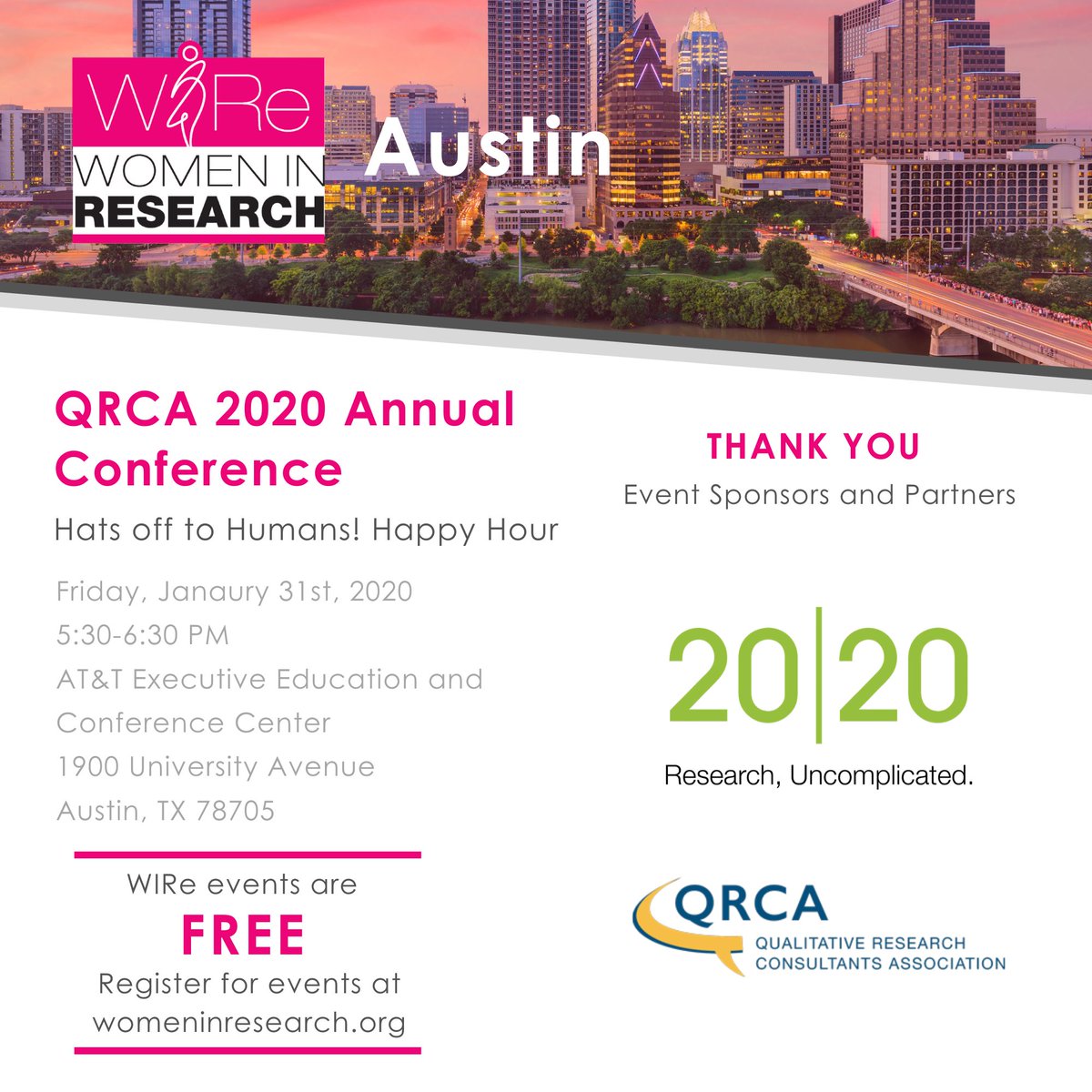 Join us in Austin for the <a href="/qrca/">QRCA</a> Annual Conference Happy Hour, "Hats off to Humans!" on Jan. 31st — all are invited but you must register to attend this FREE event if not attending the conference. Head to bit.ly/WIReATX to sign up! 

#WomeninResearch #MRX #MarketResearch