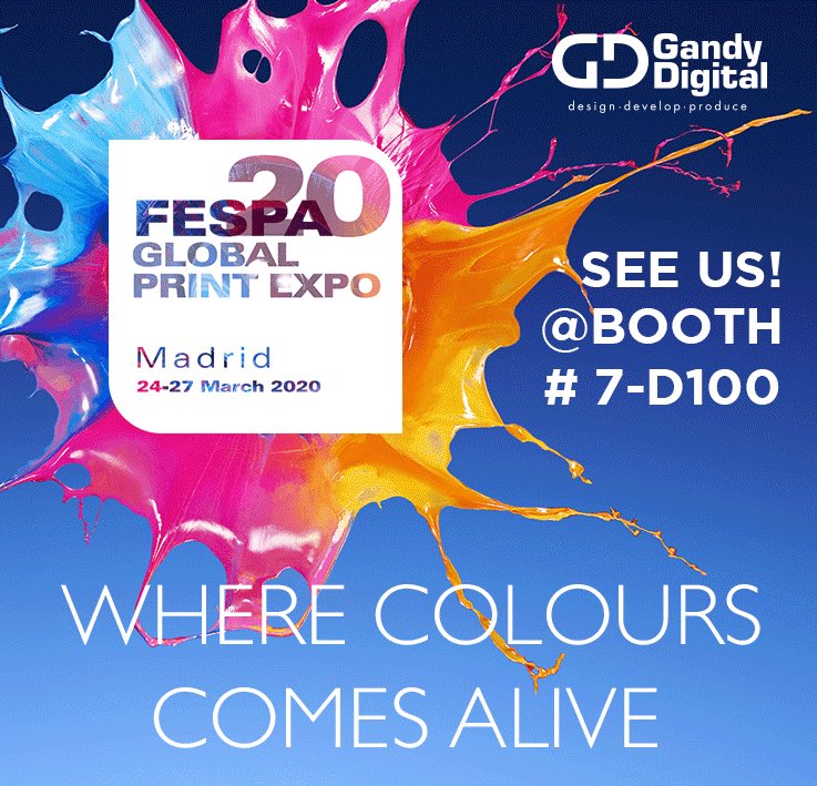 Planning to attend FESPA 2020?
Gandy Digital NV is proud to announce its presence at this event.
Visit our team of experts at the stand 7-D100.
Your unique registration link to attend below
registration.n200.com/survey/0aqsc27……
Looking forward to seeing you there between 24-27 of March!