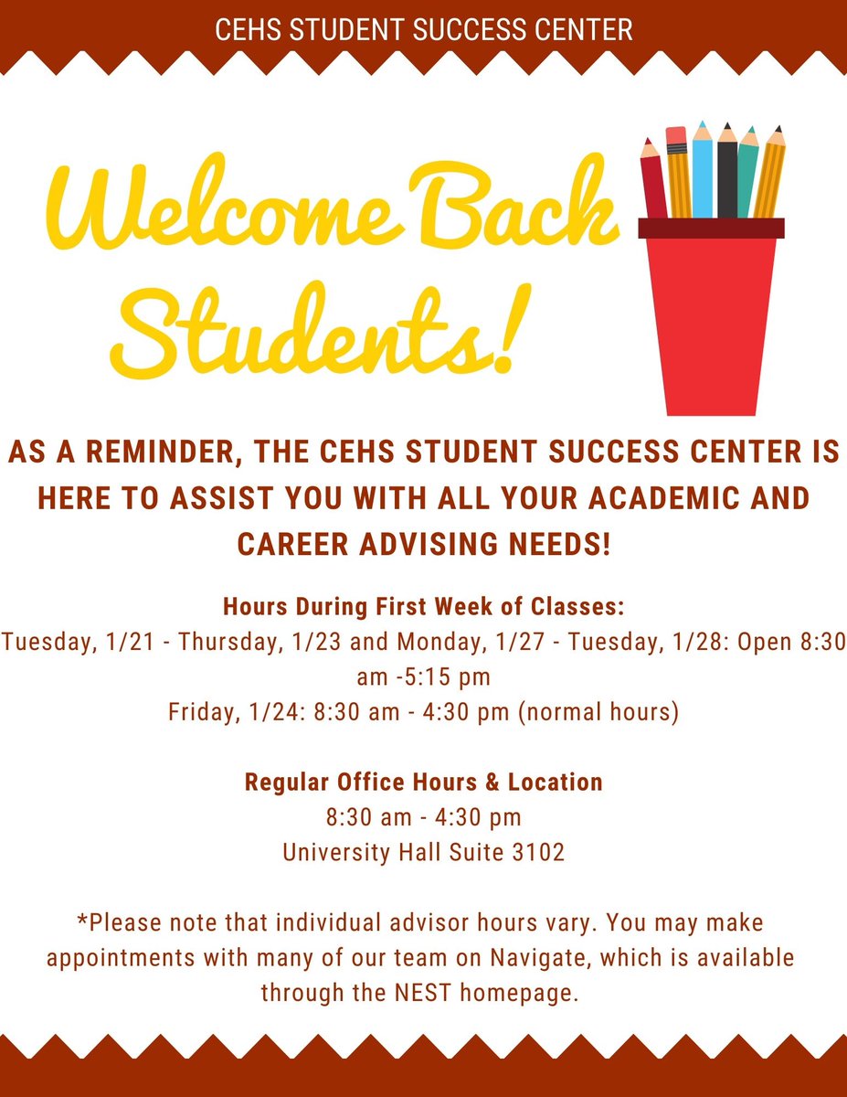 cehs_ssc's tweet photo. Welcome back students! Wishing you a wonderful Spring semester ahead. https://t.co/IyRwqSajf2