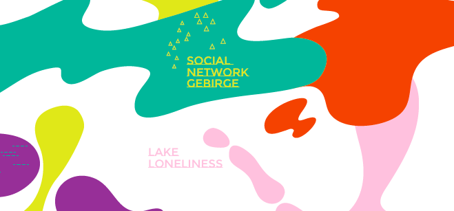 Ausstellungsgrafik mit Landkartenmotiv und den Begriffen Lake Loneliness und Social Network Gebirge
