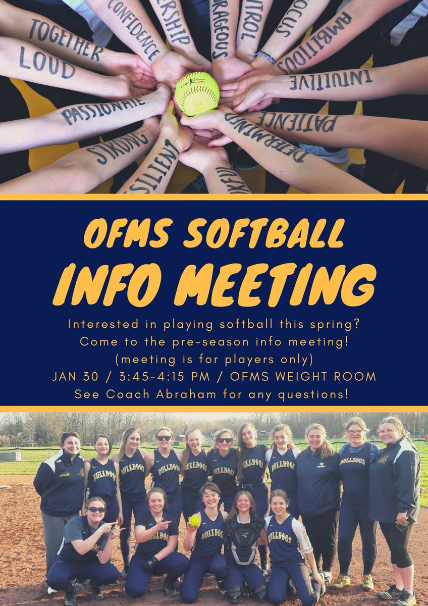 SoftballOFMS's tweet photo. Are you interested in playing softball this spring?! Come to the OFMS Softball Meeting: Thursday, January 30th in the fitness room. 3:45-4:15! See ya there! (Any 8th-grade girls and 7th-grade pitchers and catchers) @ofsoftball @ofmsbulldogs https://t.co/mmW93RM7rg