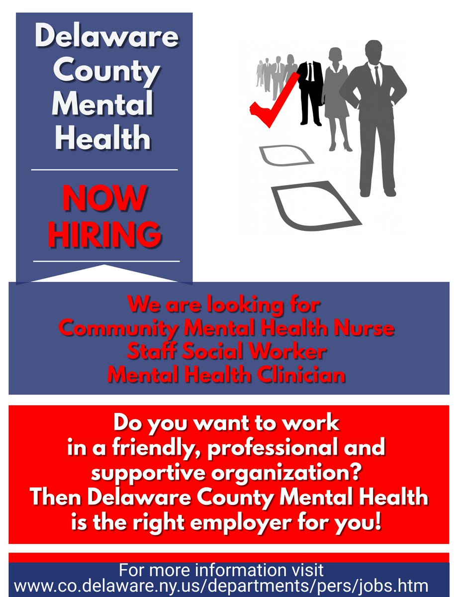 DelcoMHC's tweet photo. Delaware County Department of Mental Health is now hiring qualified individuals for our Behavioral Health Facility in Walton, NY.

Please email pers@co.delaware.ny.us for more information. More details also available at: https://t.co/0EsL79eKC4

#waltonny #mentalhealthc… https://t.co/XLmORBnSVT