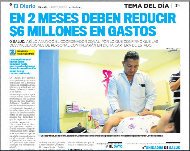Meluzambrano's tweet photo. "Recorte de $6 millones en salud" Anuncia un periódico manabita en su portada de hoy. Continúan los despidos en el sector público; siguen profesionales quedándose sin empleo; médicos sin ofrecer su servicio y  gente muriendo por desatención y por falta de medicamentos @Lenin https://t.co/6Hnj4CchwH