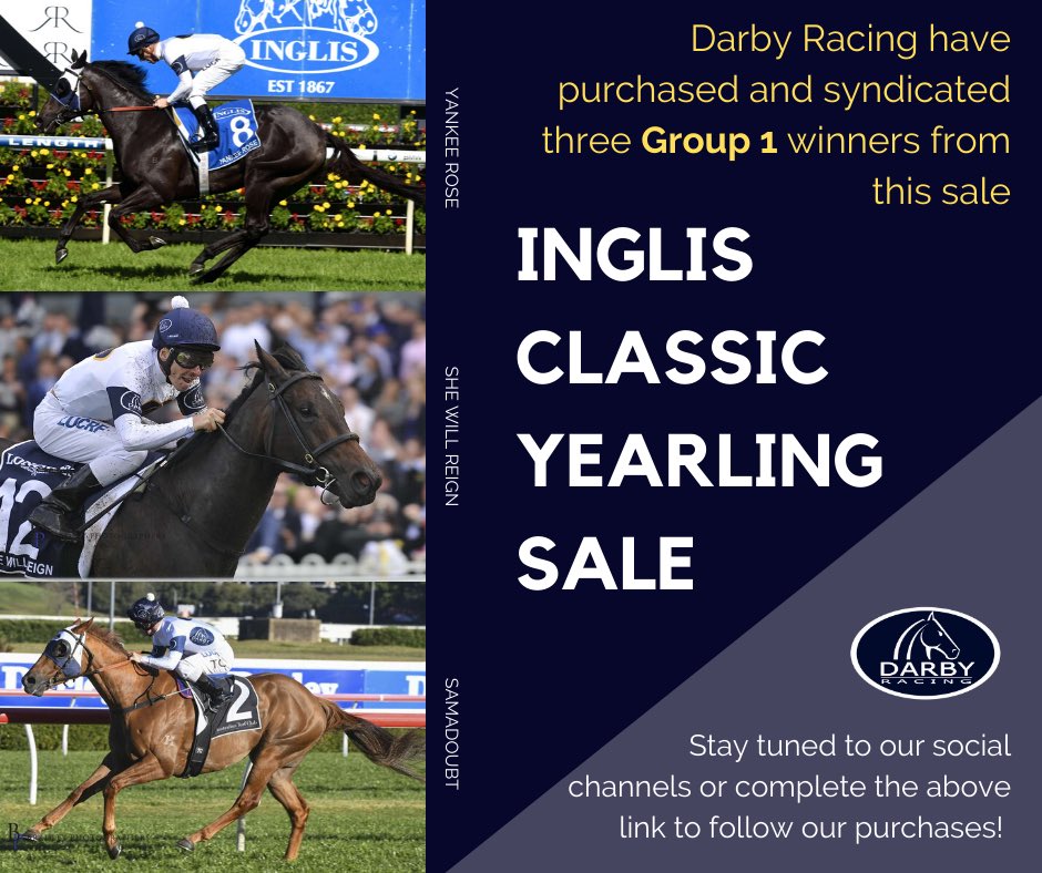 Darby_Racing's tweet photo. #CountdownToClassic is on! The sale kicks off on Sunday with inspections this week. We have had great success over the years at @inglis_sales Classic, incl. three G1 winners - Yankee Rose, She Will Reign and Samadoubt!
REGISTER YOUR INTEREST β‘οΈ https://t.co/c0bQcQlHSe https://t.co/78EDoLxPIQ