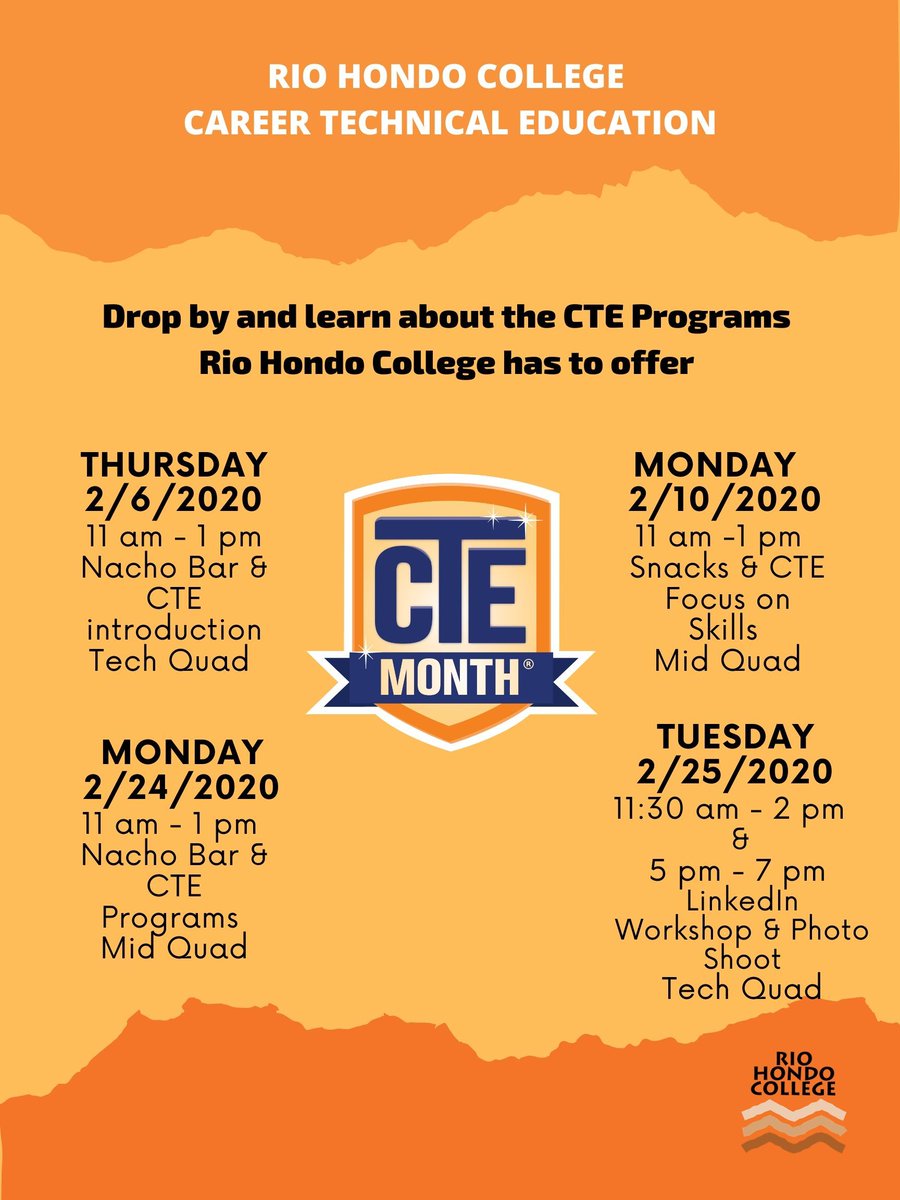 RioHondoCTE's tweet photo. February is CTE Month! Rio Hondo College has various CTE programs that prepare you for high-wage, high skills employment.  #ctemonth, #riohondocollege #communitycollege #comm_colleges #cteworks #29DaysofCTE @RioHondoCollege https://t.co/6GANng2ogo