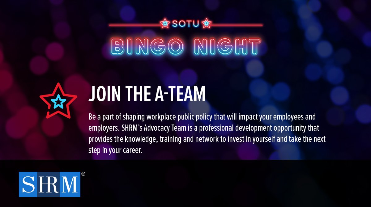 SHRM's tweet photo. You probably already got bingo, but in case you didn't, don't forget the free spaces! And if policy impassions you, consider joining the #SHRMATeam to help shape the policies that affect YOU &amp; your employees! https://t.co/iP7DY6QxRU 

@SHRMAdvocacy #SOTU #SHRMBingo https://t.co/vEGx8qVwPC