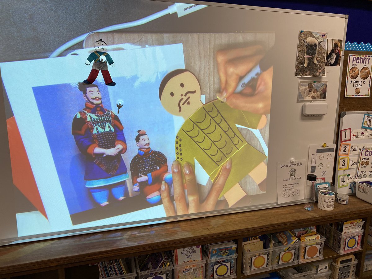 We leaned about The Terra-cotta Army that was discovered in China in 1974. First graders enjoyed recreating our own warriors using foam people and metallic paper.