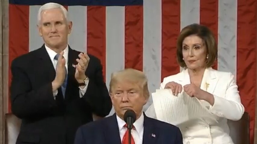 Anna_Duggar's tweet photo. Regardless of your political party...it is DISRESPECTFUL for #HouseSpeaker to physically rip up a copy of the #SOTU hand-delivered to her by the US #President! #SOTU2020 #TrumpSpeech @SpeakerPelosi @realDonaldTrump 🇺🇸 https://t.co/CS2jVcamaA