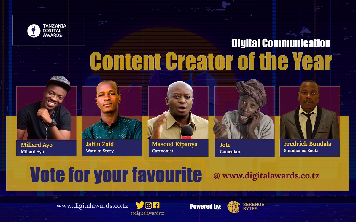 DigitalAwardsTZ's tweet image. Kipengele cha ‘Muandaaji Maudhui wa Mwaka’ wa Kidigiti kinawaniwa na;
@millardayo 
@jaliluzaid 
@masoudkipanya 
@JotiOfficial na
Fredrick Bundala.

Kura yako inakwenda kwa nani?Tembelea digitalawards.co.tz kupiga kura. 

#DigitalAwardsTZ #ContentCreator #Tanzania
