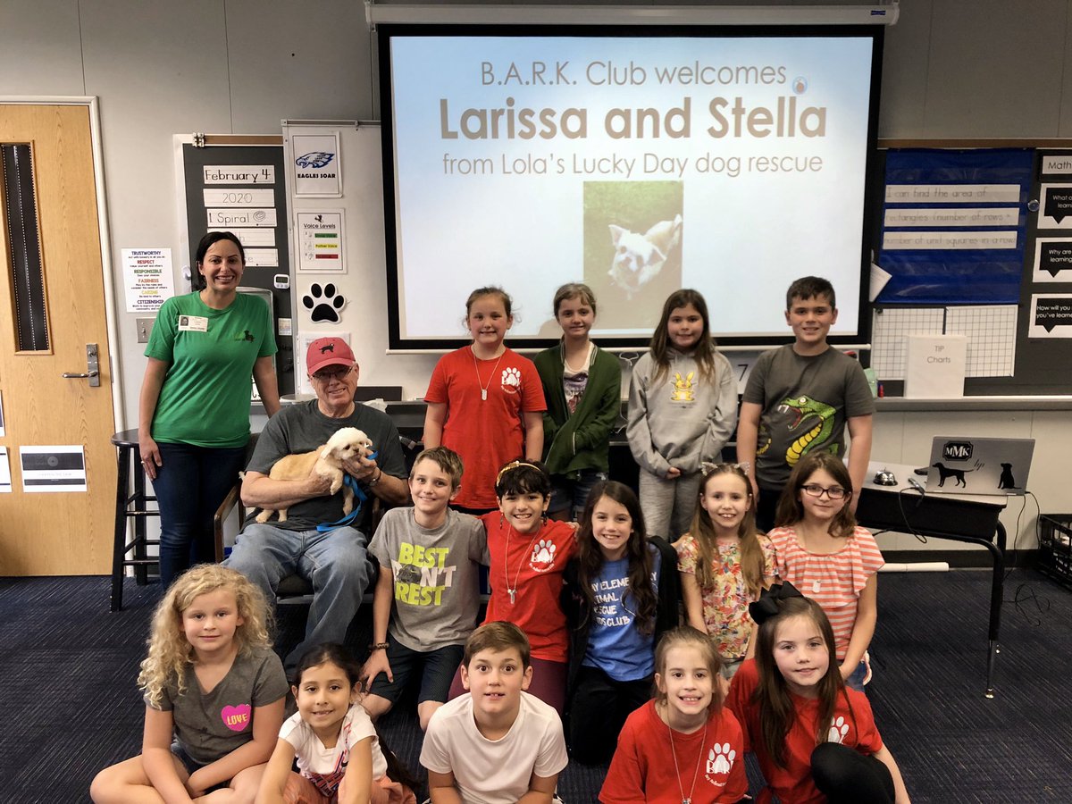 HicksLeaders's tweet photo. B.A.R.K. Club was visited today by a special furry friend, Stella. Her foster mom shared her rescue story with us and we learned basic grooming tips for pets. @BayEaglesSoar https://t.co/vf4PPT36z6