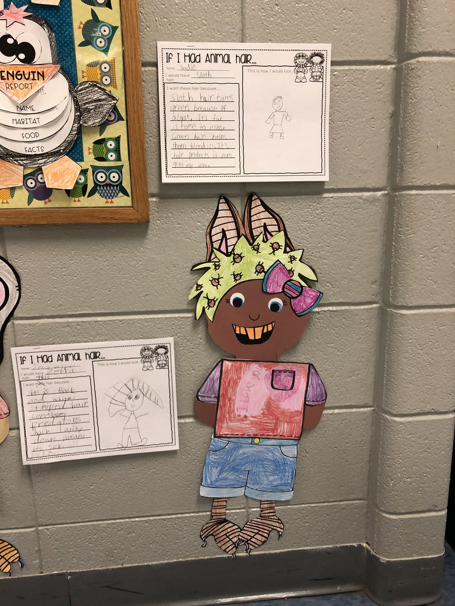 Mrs_Isaacks1st's tweet photo. I love how the final product turned out. Each day we learned about different adaptations of animals. Students wrote about how the animal feature they chose helped that animal and created a person with those animal parts. Thank you @ashley_hinck  for sharing! https://t.co/14pegGmKc4