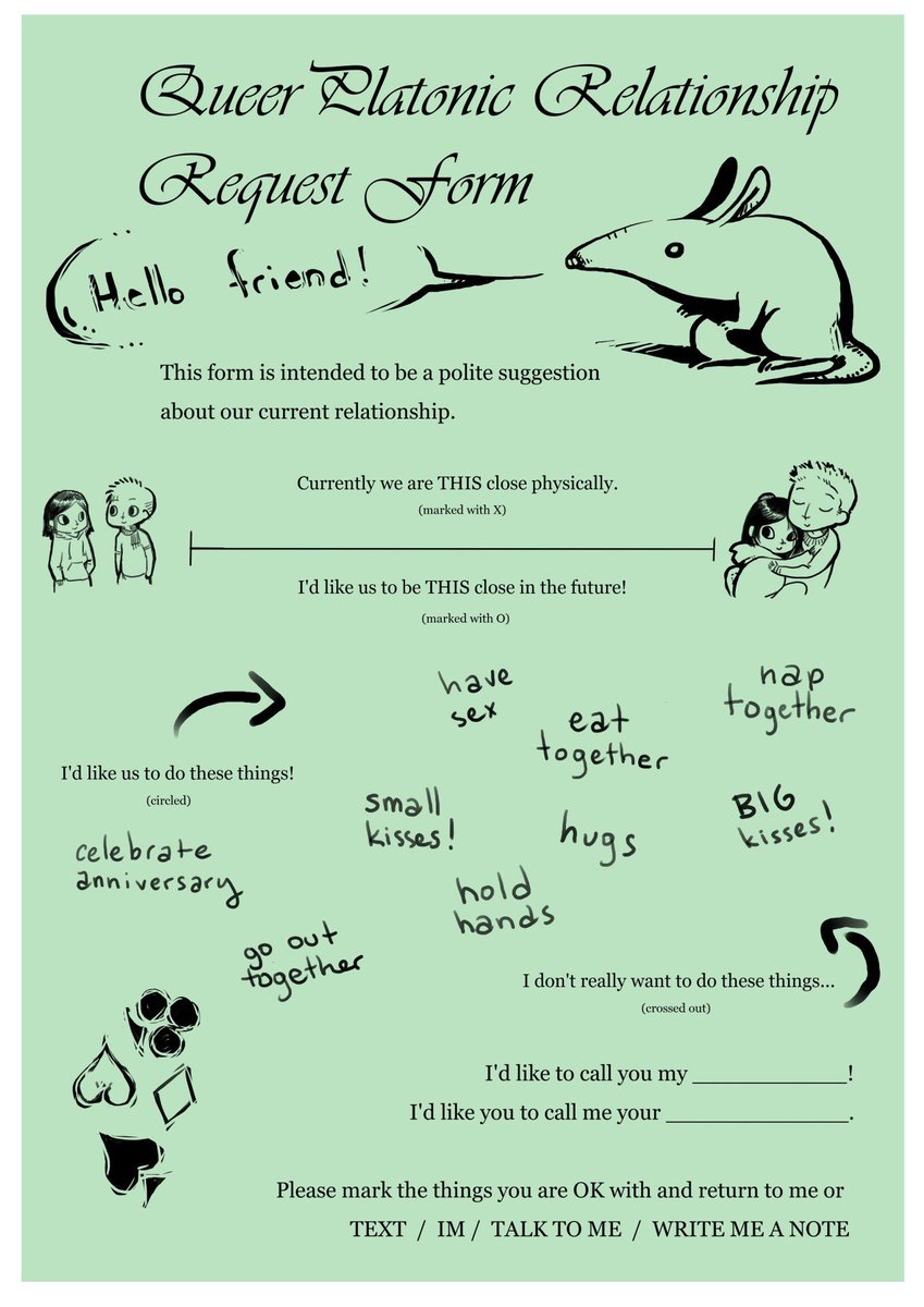Queer Platonic Relationship Request Form
Introduction: "Hello friend!
This form is intended to be a polite suggestion about our current relationship"
Below: Scale to mark current and wanted closeness of the relationship
Below: Section with possible activities (e.g. hugs, hold hands) to mark positively or negatively
Below: Fields to enter preferred way of calling each other
Below: Preferred way of replying to request