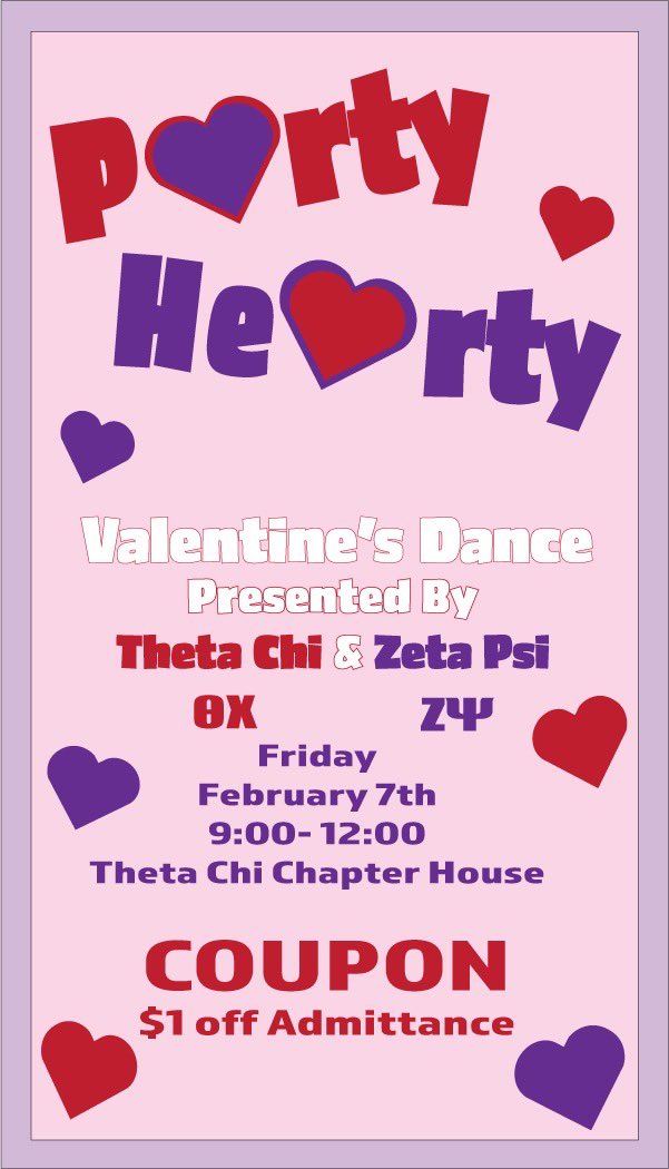 ZYOmicron's tweet photo. Valentine’s Dance this FRIDAY at the @nwuthetachi house! $6 at the door or find a Zete or Theta Chi for a coupon worth $1 off admittance. Bring your date and/or friends and ‘Party Hearty’ with us THIS FRIDAY 9pm-12am! https://t.co/BjJ2IykMNZ
