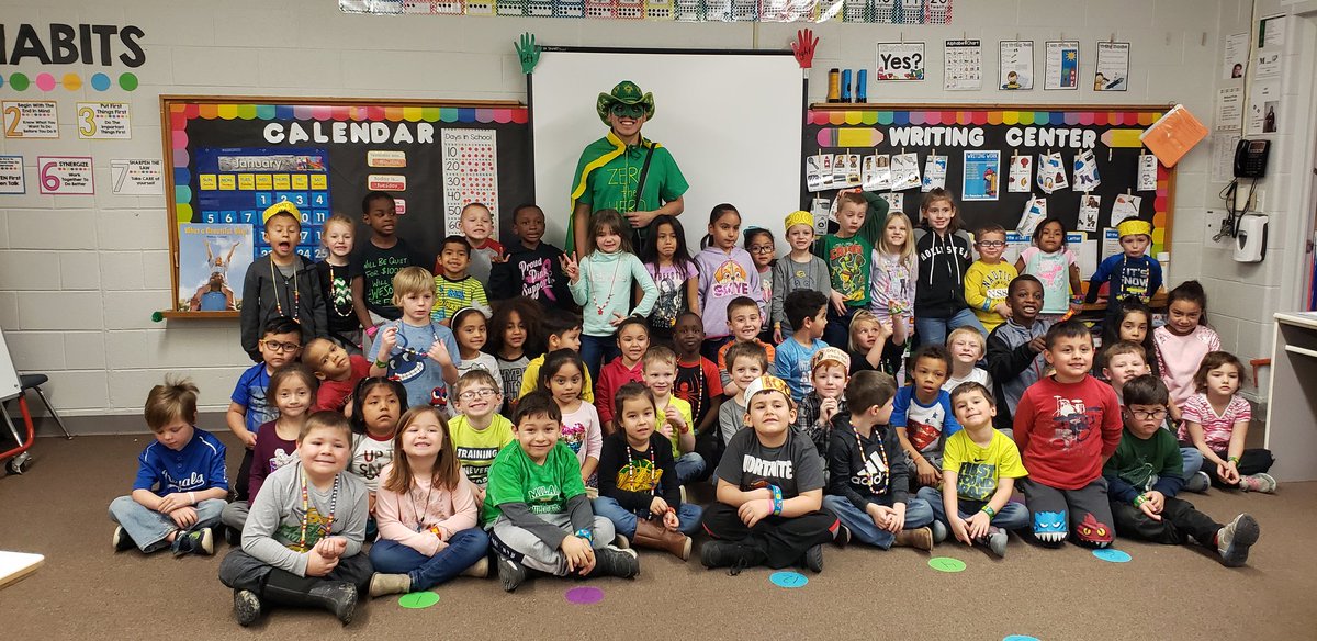 KinderMC2's tweet photo. We celebrated the 100th day of school today @MC2Elementary  Zero the Hero came to visit. What a great time learning about numbers to 100!! #zerothehero #alexisroman   #100thDayOfSchool @MilanHSWildcats @MilanC2Schools @MilanWildcats https://t.co/LkFhibQG7k
