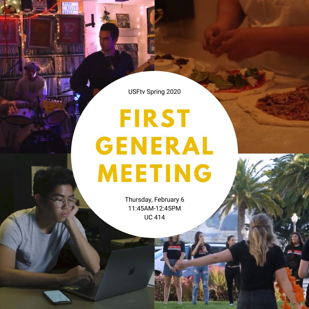 USFtv (@usftvofficial) on Twitter photo We’re having our FIRST GENERAL MEETING of the semester THIS THURSDAY, February 6 from 11:45-12:45 in UC 414! Come meet this semester’s producer team, catch up with production partners (new and old), and learn how YOU can get #YourMindOnScreen 🎥📽📺 We’re having our FIRST GENERAL MEETING of the semester THIS THURSDAY, February 6 from 11:45-12:45 in UC 414! Come meet this semester’s producer team, catch up with production partners (new and old), and learn how YOU can get #YourMindOnScreen 🎥📽📺