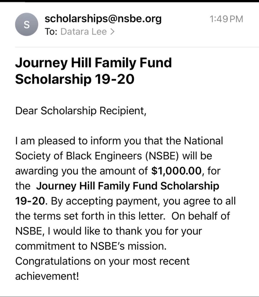 MizzouNSBE's tweet photo. Congratulations to member Datara Lee on being awarded NSBE’s Journey Hill Family Fund Scholarship! ✨

Keep up the good work Queen 💪🏽

#NSBELuv #ExcelAcademically https://t.co/rHOE0TMmXz
