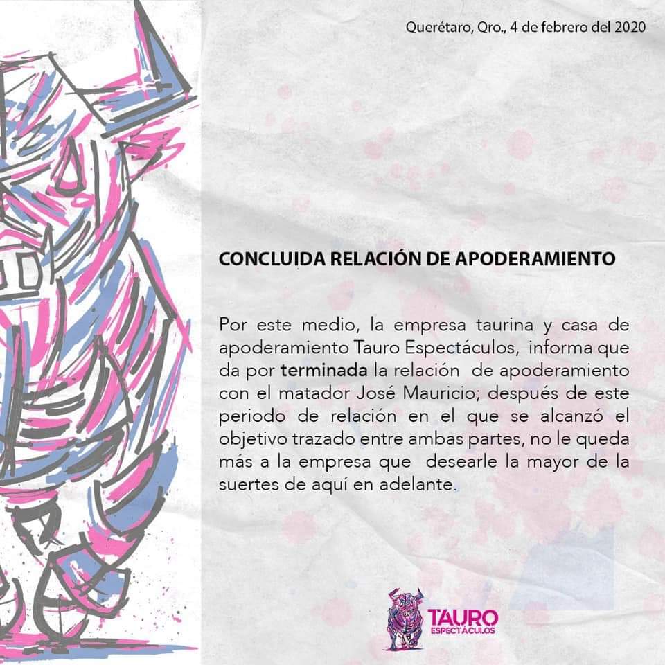 castabravamx's tweet photo. #DeQueMePerdi @Tauroespect anuncia término de apoderamiento con @josemauricio1 al día siguiente del primer festejo de aniversario de @LaPlazaMexico; el comunicado no refiere si @alexpelaezh18 seguirá con él https://t.co/9cG9oSyYdB