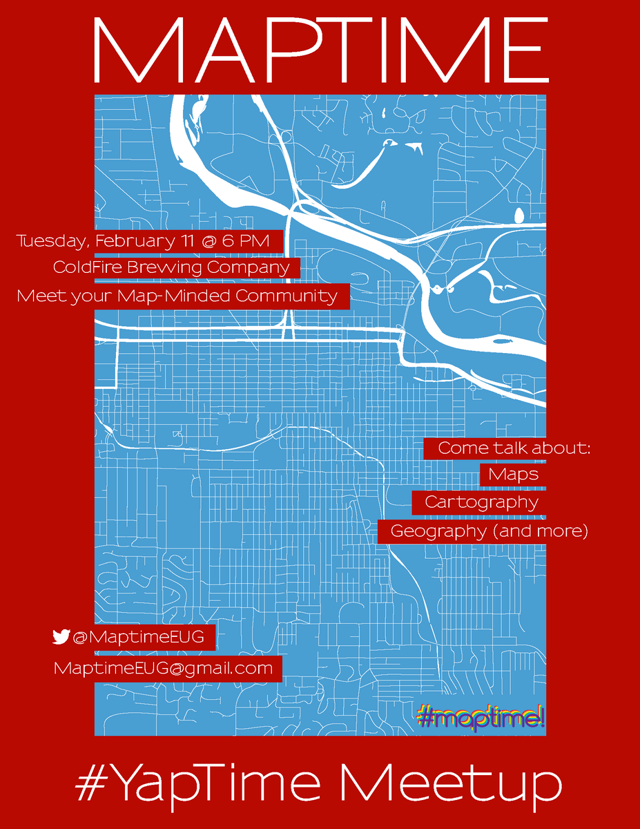 MaptimeEUG's tweet photo. Coming soon... #Maptime #Yaptime Tuesday, Feb 11 2020 at 6PM. Come hang out with map minded people and yap about all things maps at the first @MaptimeEUG meetup of the new decade! https://t.co/txpyZgH8I0
