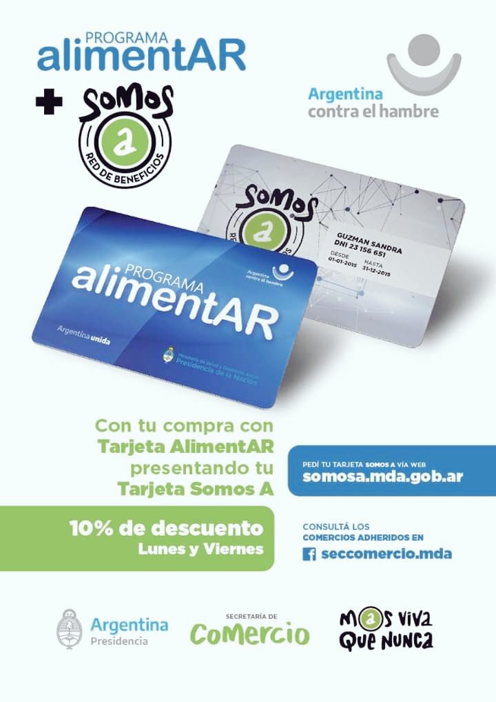 AleChornobroff's tweet photo. Si sos beneficiarix del #ProgramaAlimentAR podés tramitar tu tarjeta "Somos A" y obtener un 10% de descuento en los comercios adheridos los días Lunes y Viernes.
👉Conocelos en: https://t.co/oLKi1sAUYm
👉Para adquirirla, ingresá en:https://t.co/MBBt5cxgrY https://t.co/BAqaCbeBPN https://t.co/BECALRTfgN