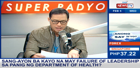 dzbb's tweet photo. Sa #AnongSayNyo: Sang-ayon ba kayo na may failure of leadership sa panig ng Department of Health?

Tumawag lamang sa 8373-1705 o 8709-0340 o mag-tweet sa @dzbb gamit ang #ASN_FailureOfLeadership para ipahayag ang inyong opinyon on-air kay @joelzobel. https://t.co/u8y2KbHMIx