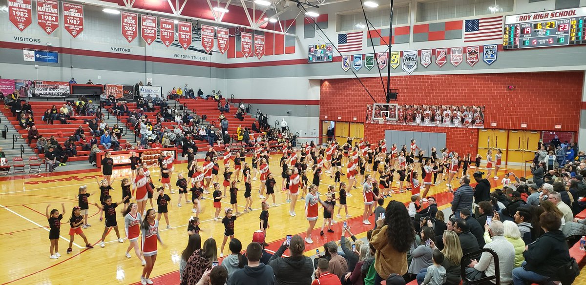 Participants of our future Trojans cheerleader camp entertained the crowd during halftime of the varsity boys basketball game vs. Sidney tonight.  Great job girls!!!