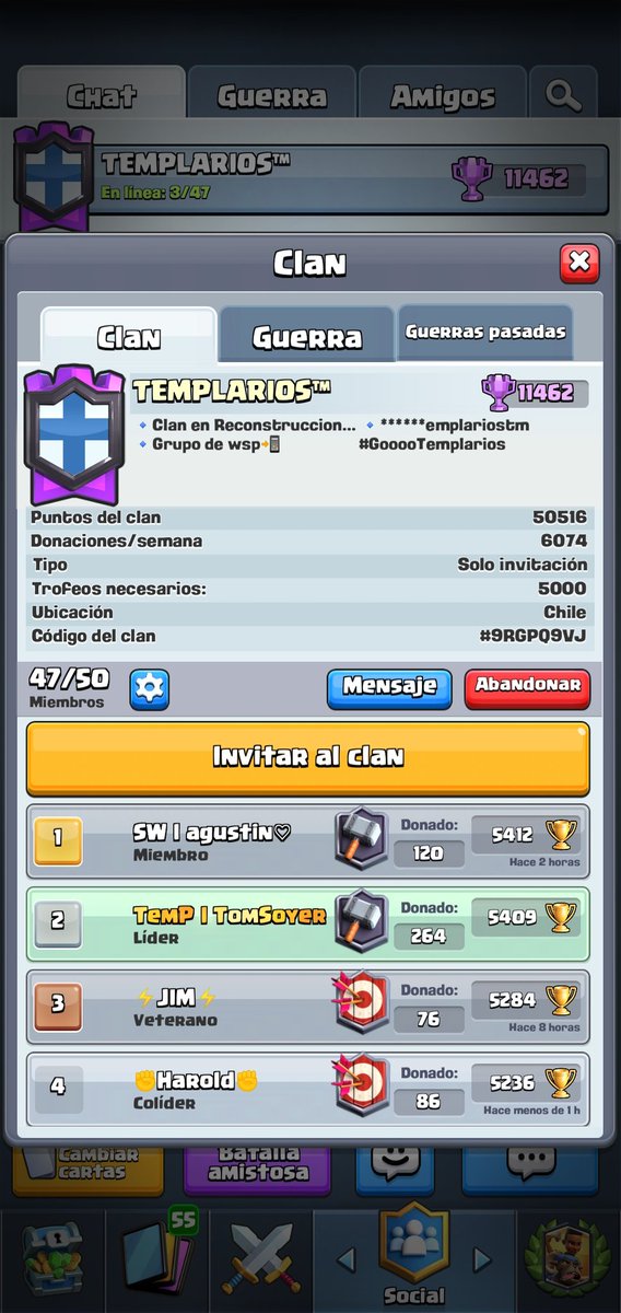 RECLUTANDO
⚔Templarios 🛡
☠️Min 90 war ⚔️
💀PB:5500🏆 
☠️Rey 👑 12-13/
💀jugamos 24/7 las war 🔫
⚫IMPORTANTE 
Tengo cupo para 5 coolideres Que me cooperen en las tareas del clan