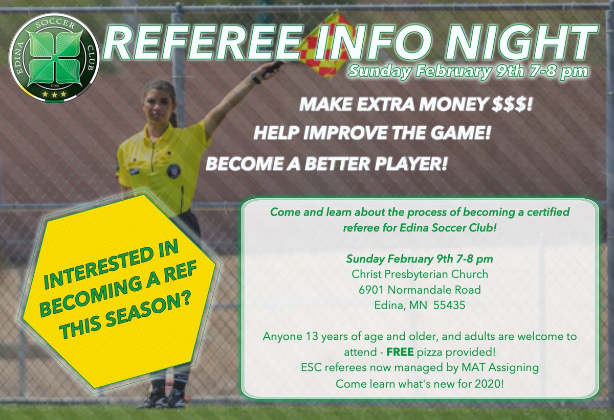 For anyone age 13 or older looking to become a referee this summer, ESC is hosting an informational meeting on 2/9 from 7:00-8:00pm, with FREE pizza!:
edinasoccerclub.com/page/show/1067…