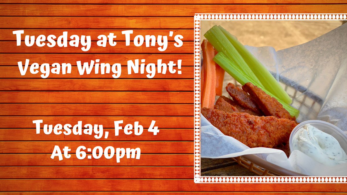 Vegan Wing Night starting at 6pm!
Choice of Lemon Pepper, Jalapeño Sauce, Secret Aardvark Habanero, Buffalo Sauce and Korean BBQ!

#tuesdayattonys #veganwings