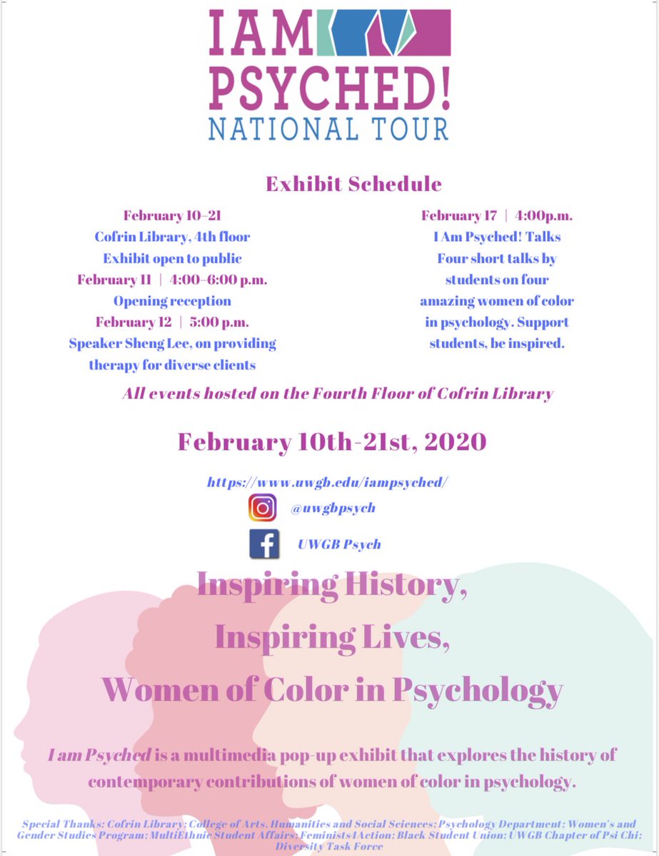 I am Psyched! will be coming to UWGB February 10th-21st! This national pop-up exhibit features the history and contributions of women of color in psychology. Check out these images for more information! #WomenOfColor #uwgbpsych #IAmPsyched