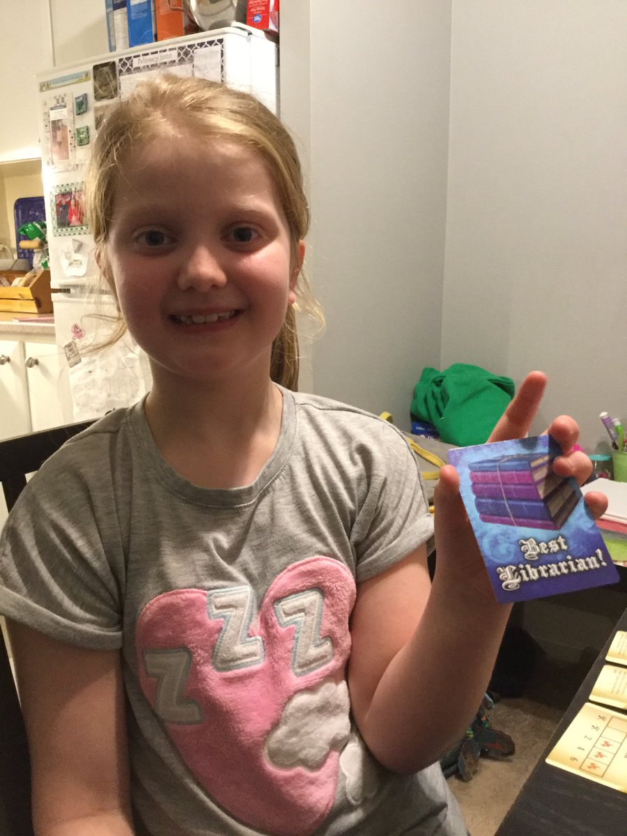 SpearsBenjamin's tweet photo. Second night of playing #FireInTheLibrary🔥📚 and second time our 8 year old was the #BestLibrarian!🏆 @WeirdGiraffes https://t.co/oepOgXDqOx
