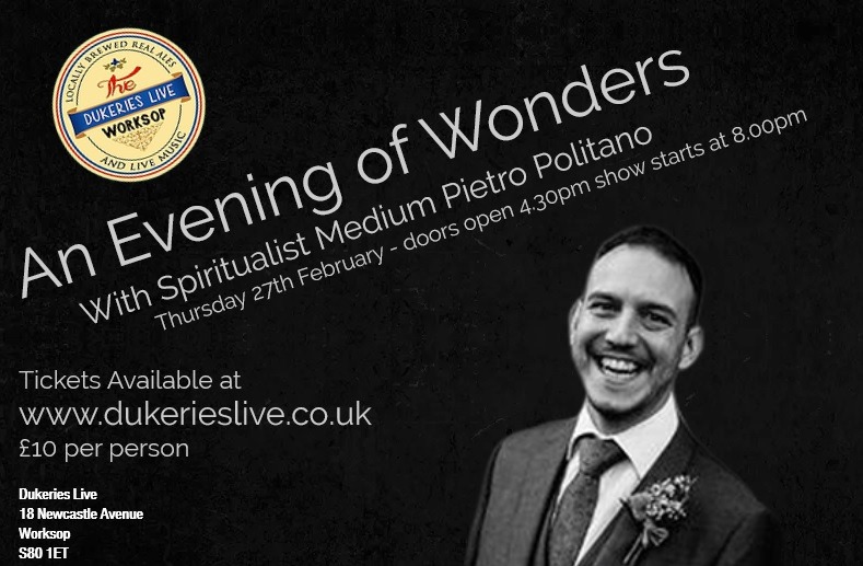 DukeriesBrewery's tweet photo. Join us at Dukeries Live as psychic medium Pietro Politano takes to the stage to bring you messages from the other side in this Evening of Wonders.
Tickets available at https://t.co/SiVVim1NcZ
£10 per person, £13 on the door https://t.co/gXPK8uDOUg