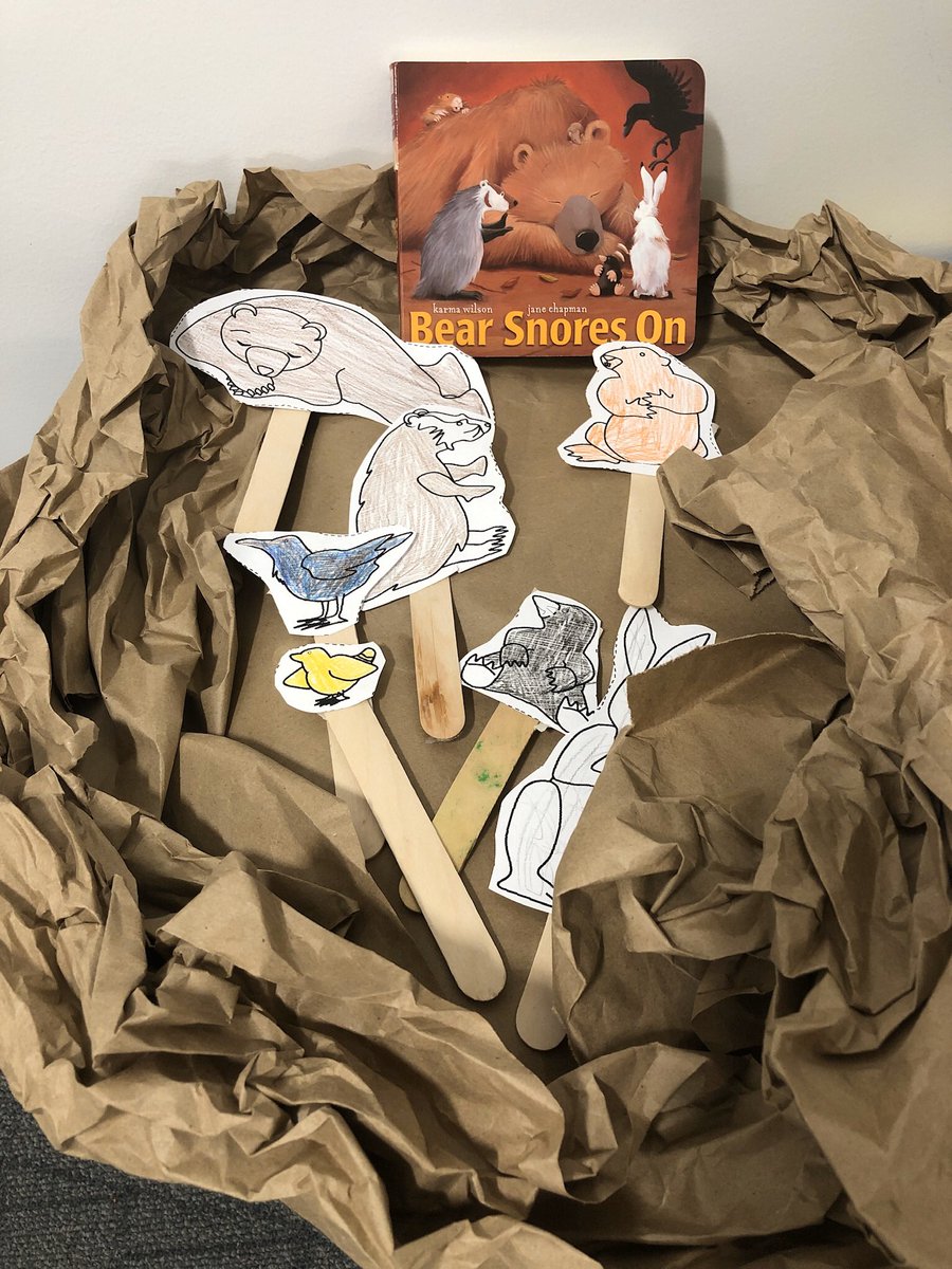 lbkmeen's tweet photo. It’s “Bear Snores On” this week in Pre-K speech! Talking about language concepts such as awake/asleep, dark/light, inside/outside, and new vocabulary: cave and hare! @APS_SLPS #heretosupport https://t.co/S1pcBx3103