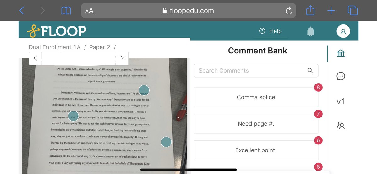 MrsPfleegor's tweet photo. Hey @FloopEdu, you are helping my students CRUSH the feedback game AND saving me time in the long run. Big shoutout to @AliPalumbo for bringing this incredible tool to my attention! 💥 Watch out, #DEessays, here I come. #gradingmachine #gradesmadeeasy #floop4prez https://t.co/NPXaoj4k8b