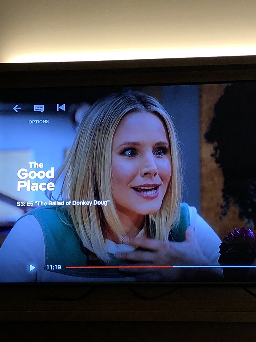 SweetPeaShadow's tweet image. Watching my favorite show to unwind after a crazy day at work. Paused to take a call and saw this when I returned. Making me laugh after a long day - thanks!#TheGoodPlace @KristenBell