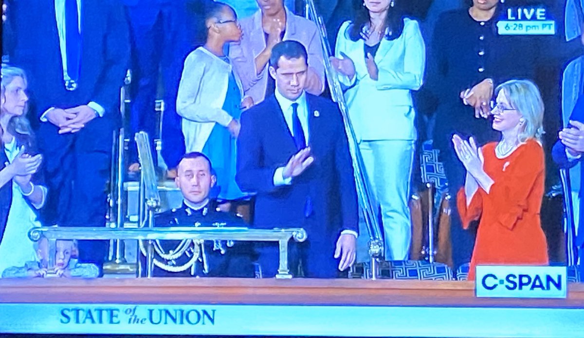 aaronjmate's tweet image. Pelosi joins Trump in applauding Trump admin puppet/Venezuelan coup leader Juan Guaido. Democrats couldn’t impeach Trump for trying to overthrow a sovereign government &amp;amp; imposing murderous sanctions on it because they’re complicit in that one.