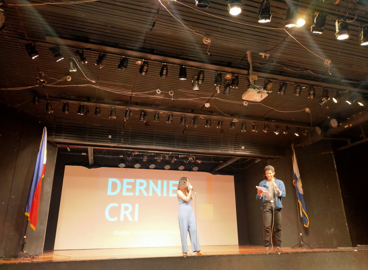 squirepub's tweet photo. HAPPENING NOW: Being one with the times, the General Academic Strand conducts their Strand Assembly at the XU Little Theater, with the theme: Dernier Cri. | Live reports by Levina Palarca
#XUSHSGAS
#DernierCri
#GASASSEMBLY
#XavierAteneo https://t.co/BHYj0PaoAJ