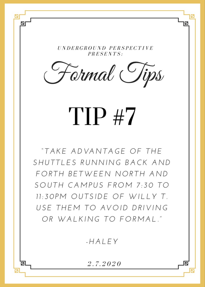❕Tip Number 7❕

🚩Shuttles will be running from 7:30 to 11:30 from North and South campus 

🚩Don’t get stuck walking or looking for parking!