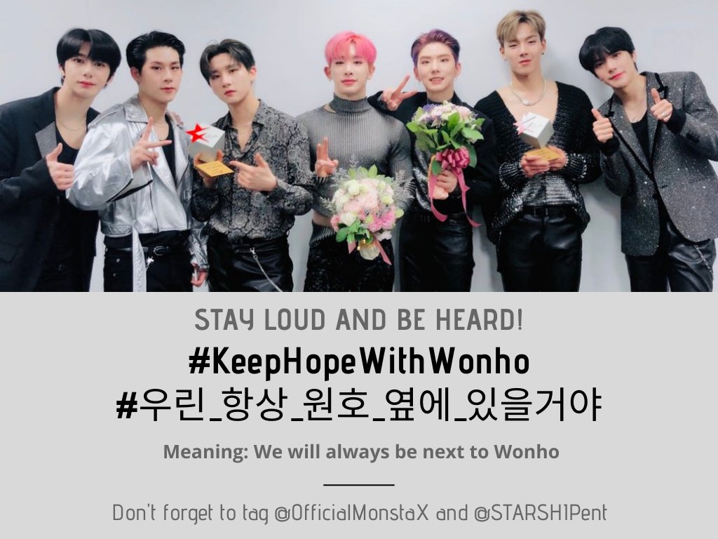 MONBEBEnt's tweet photo. ♥️NEW HASHTAG ALERT♥️
👉NEW HASHTAG ALERT👈

REPLY (7) TIMES:

#KeepHopeWithWonho
#우린_항상_원호_옆에_있을거야  - We will always be next to Wonho

@OfficialMonstaX
@STARSHIPent

Thank you &amp; don't forget to vote for Monsta X on award shows!! https://t.co/g9T0WuwfsL