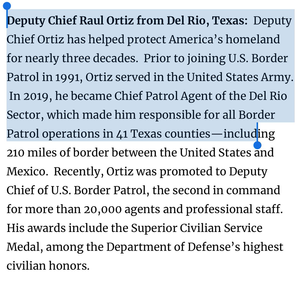 photowhitehouse's tweet photo. Deputy Chief Raul Ortiz from Del Rio, Texas: Deputy Chief Ortiz has helped protect America’s homeland for nearly three decades. Prior to joining U.S. Border Patrol in 1991, Ortiz served in the United States Army. In 2019, he became Chief Patrol @realDonaldTrump #UnionAddress https://t.co/NYHI12Ds2O
