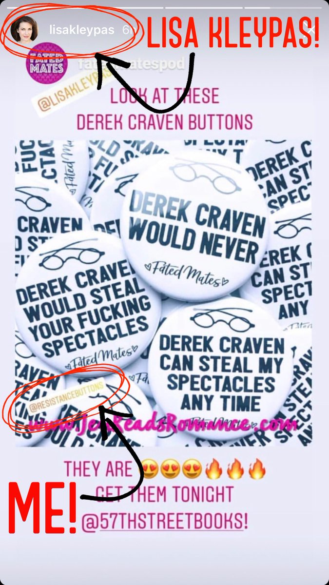 Picture of Derek Craven buttons from Lisa Kleypas’s Instagram account
